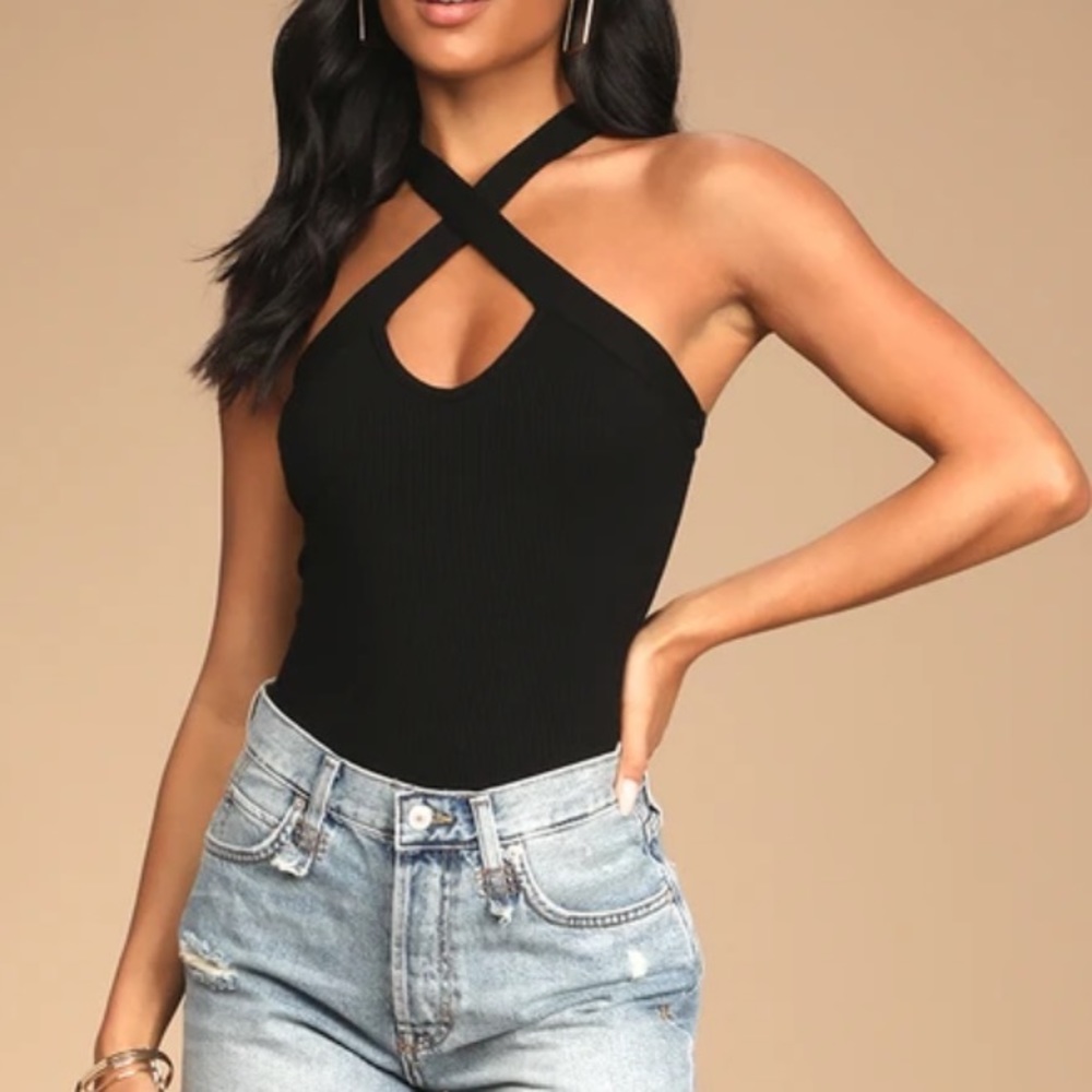 Lulus black ribbed cross front bodysuit